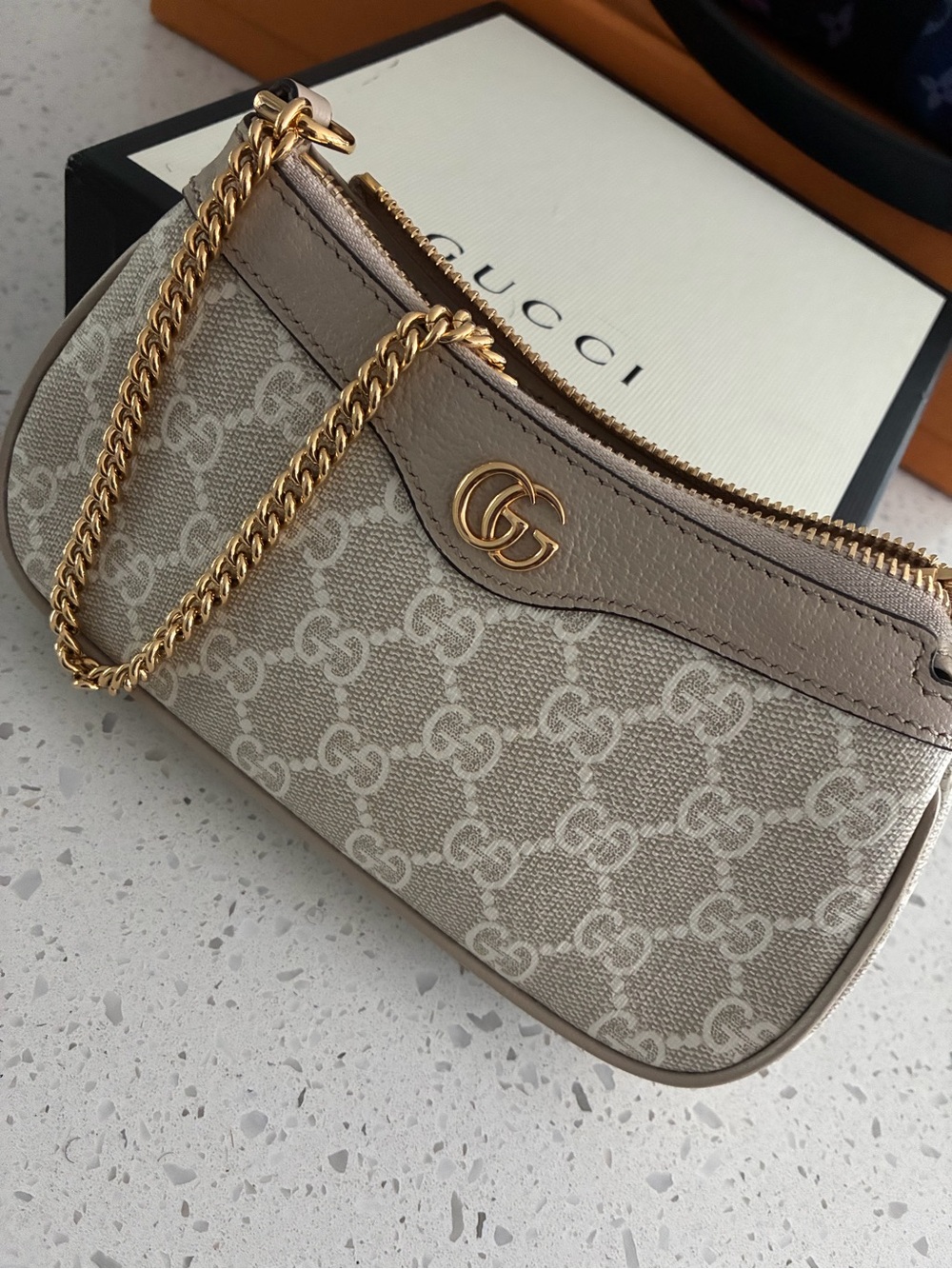 Gucci Beige GG Supreme Mini Shoulder Bag with Gold Chain